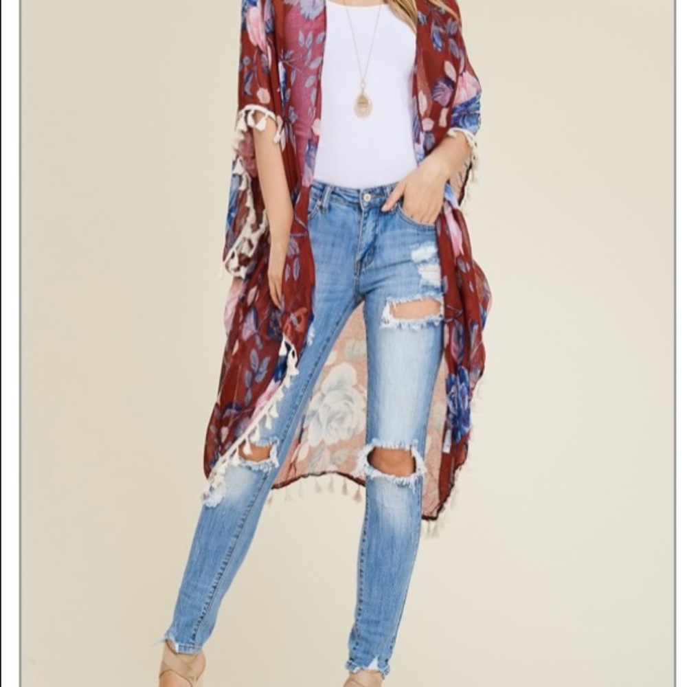 Burgundy Floral Tassel Kimono - Picture 3 of 3